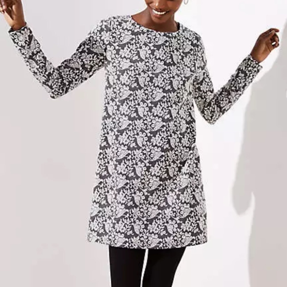 LOFT gray ivory print floral jacquard shift long sleeves dress Sz XS